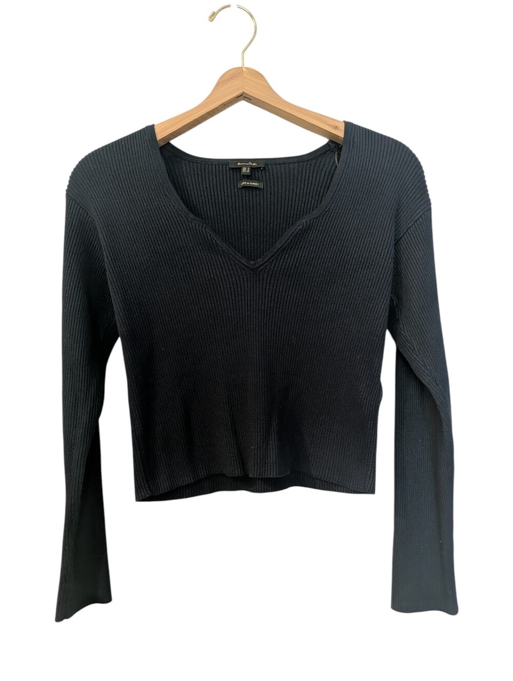 MASSIMO DUTTI Navy Ribbed V-Neck Long Sleeve Top Small